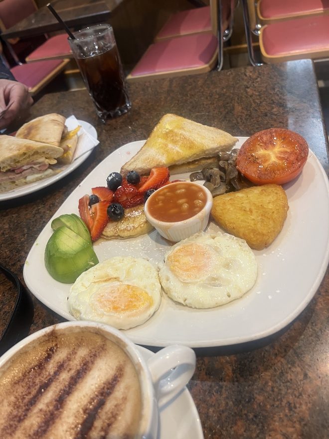 Brunch plate with a cappuccino alongside