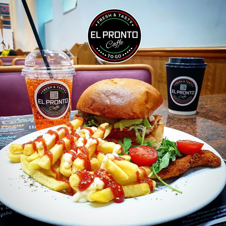 Chicken burger with chips and salad